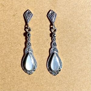 Vintage Sterling Silver Post Earrings with Mother of Pearl & Marcasites